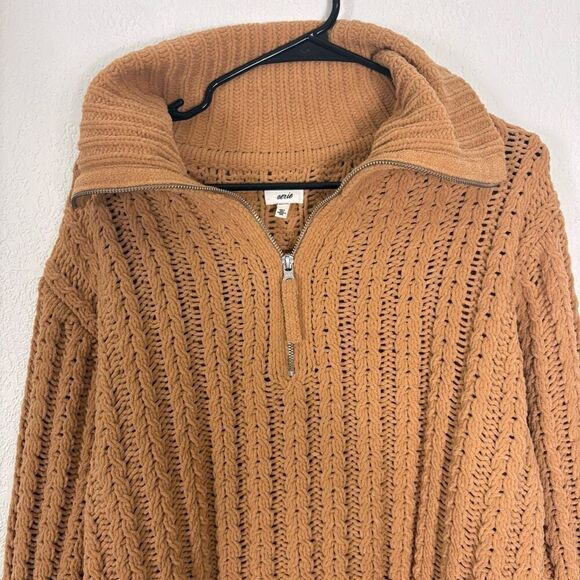 Aerie Carmel Knit Plush Quarter Zip Oversized Collared Pullover Sweater Size XS - Picture 2 of 13